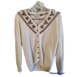 VTG Sarit Floral Hand Knitted Embroidered Button Down Sweater Cottagecore Wmn M